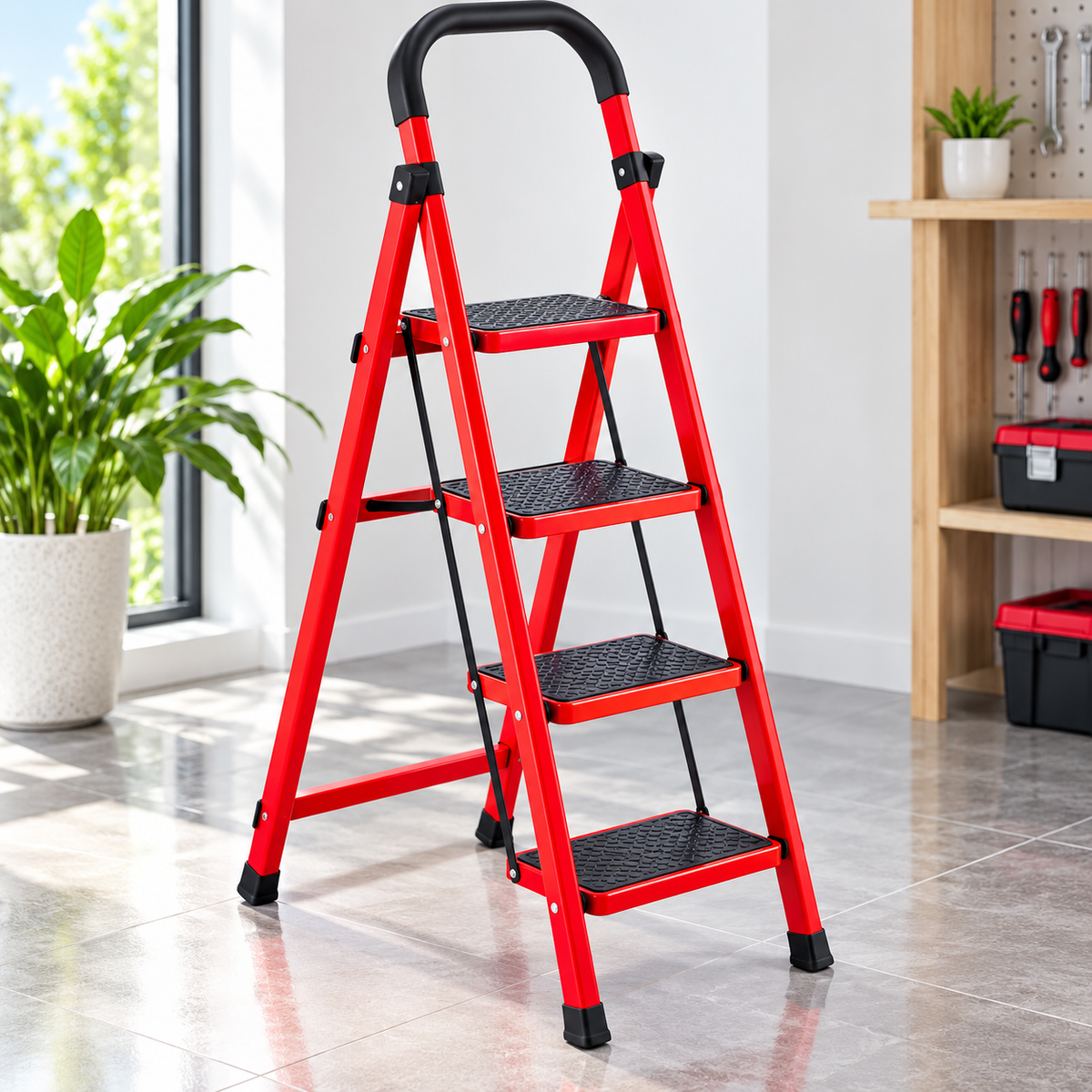 Scară Metalică Pliabilă cu 4 Trepte Antiderapante, Mâner Ergonomic, Roșu-Negru