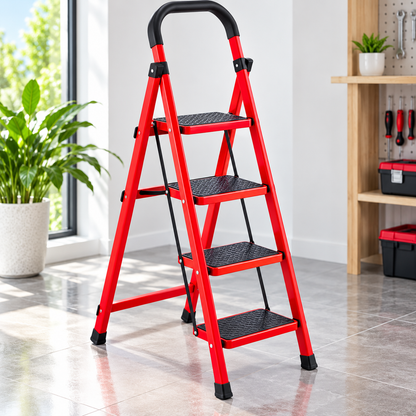 Scară Metalică Pliabilă cu 4 Trepte Antiderapante, Mâner Ergonomic, Roșu-Negru